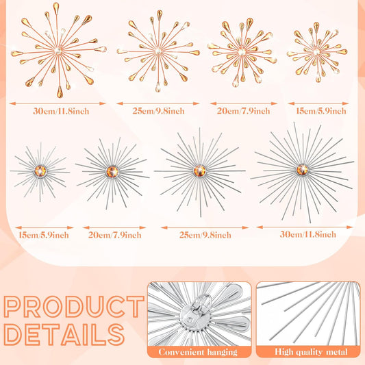 8 Pcs Orange Metal Wall Art Cast Iron Starburst Wall Decor Bling Crystal Sculptures Living Room 3D Teardrop Radial Rhinestone Hanging Diamond Accents for Home Office Bedroom Entryway