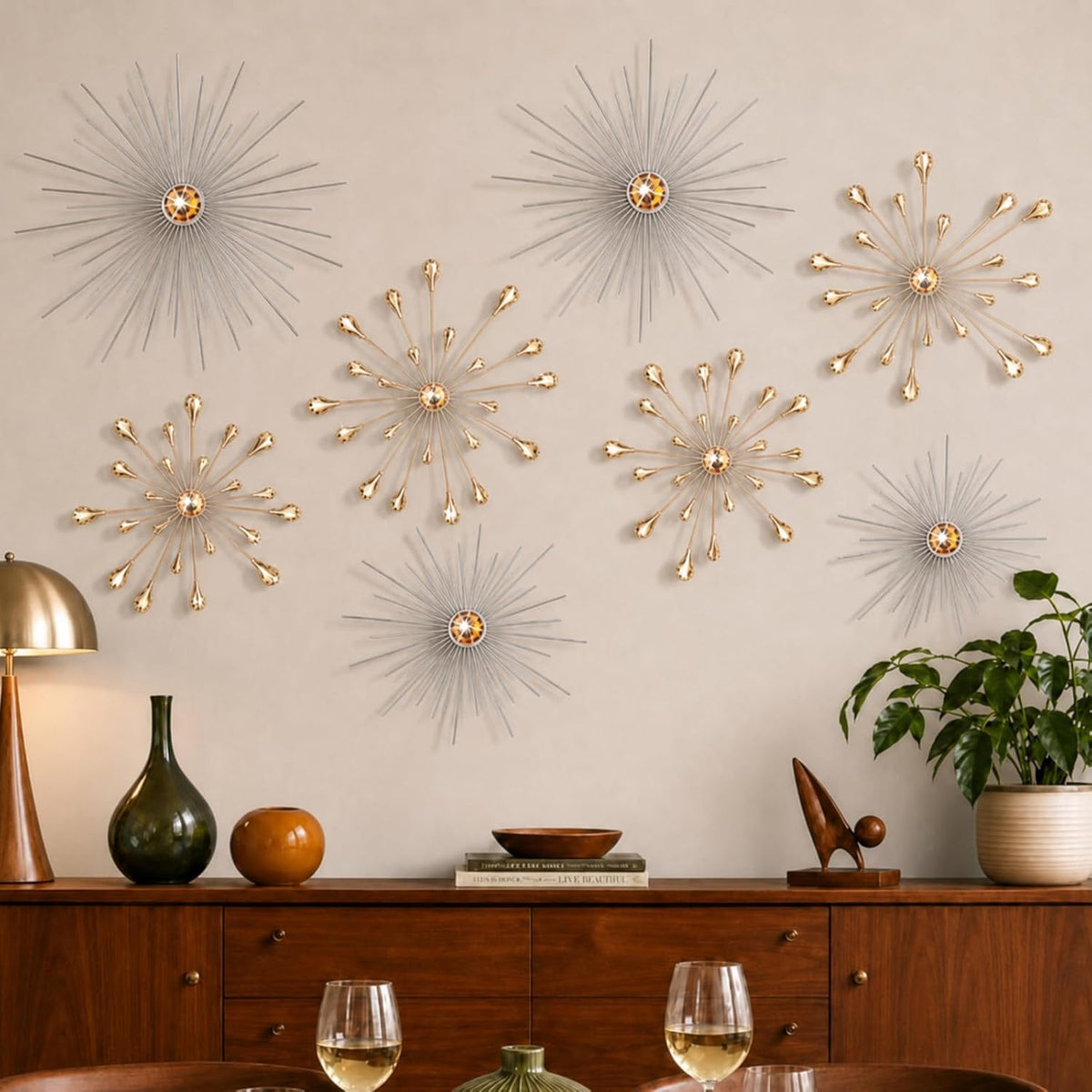 8 Pcs Orange Metal Wall Art Cast Iron Starburst Wall Decor Bling Crystal Sculptures Living Room 3D Teardrop Radial Rhinestone Hanging Diamond Accents for Home Office Bedroom Entryway