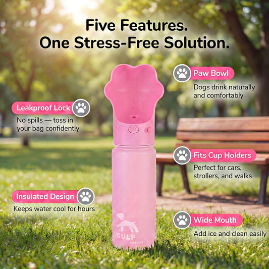 Gulp 18oz Dog Travel Water Bottle with Paw-Shaped Bowl - Insulated Stainless Steel, Leakproof & Portable with Carry Strap for Outdoor Walking, Hiking & Pet Hydration on-the-Go - Pink