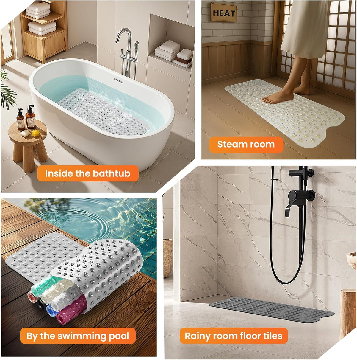Non-Slip Bath Tub Mat, 39x16 Inch Extra Large Shower Mat with Drain Holes & Suction Cups, Machine Washable, Pink