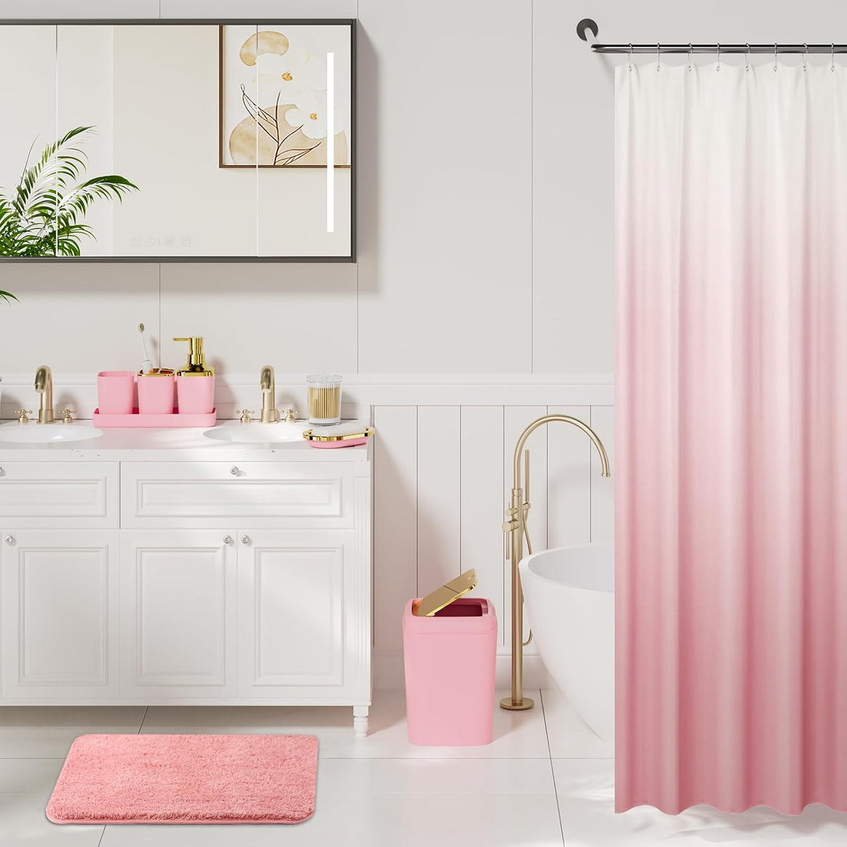XLHOMO Bathroom Accessory Set - 24PCS Luxury Bathroom Accessories Set, Bathroom Sets with Shower Curtain and Rugs, Pink Bathroom Set with Trash Can, Toothbrush Holder & Soap Dispenser for Home Decor