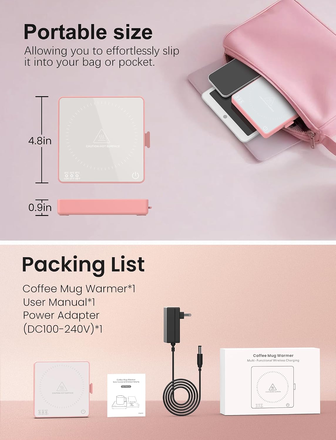 Coffee Mug Warmer with 15W Wireless Phone Charger & 3A USB Charging Port, 3 Temp Settings & 8H Auto Shut Off, Candle Warmer Plate for Heating Coffee, Milk, Tea & Candles,Valentine's Day Gift(Pink)