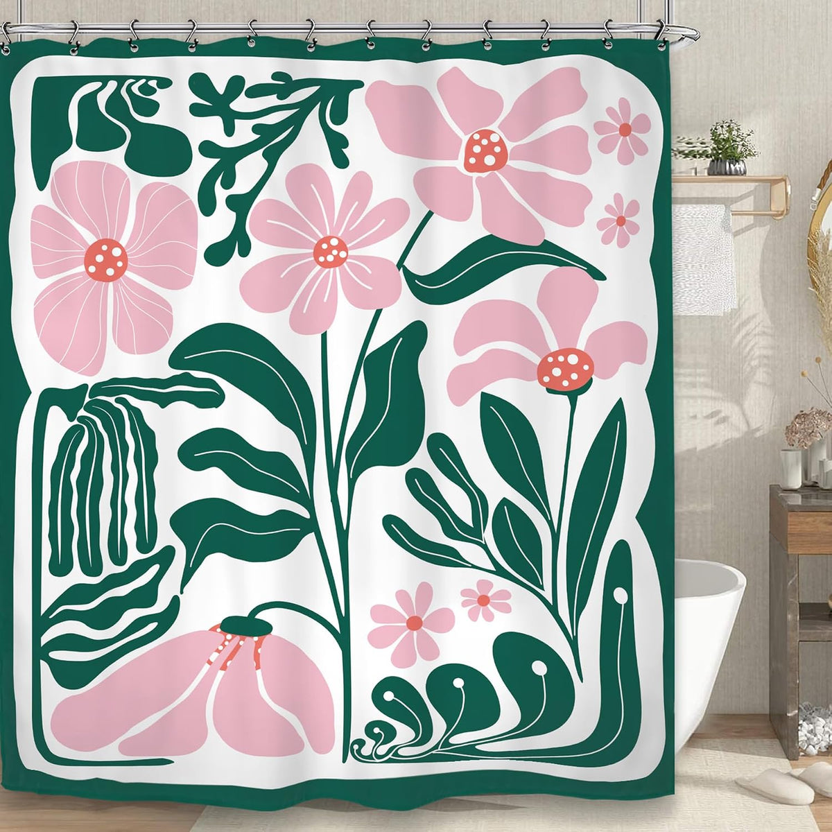 Abstract Flower Matisse Shower Curtain 60Wx72L Inch Pink Green Plant Minimalist Contemporary Retro Art Groovy Modern Bathroom Set Accessories Decor with 12 Pack Hooks