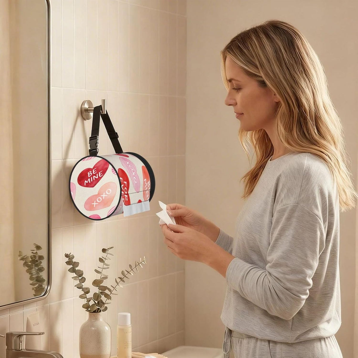 Round Tissue Holder Bag Car Hanging Tissue Boxes Cover with Adjustable Strap Foldable Roll Storage Bags with Zipper Tissues Case Organizer for Home Decor Toilet Office(Pink True Love)