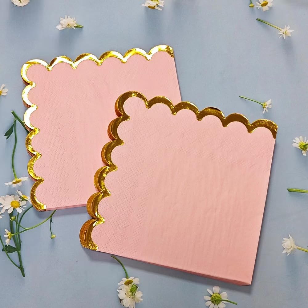 100 pack Pink Cocktail Napkins with Gold Foil Accents Scalloped Edges 5 x 5 inch Beverage Disposable Napkin Party Decoration Wedding Bridal and Baby Shower Dinner Lunch Supplies