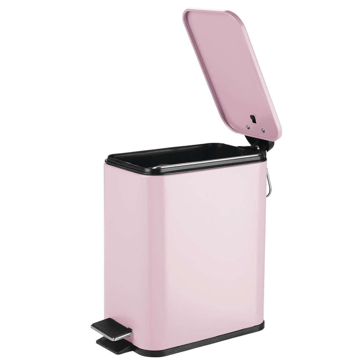 Slim Metal Rectangle 1.3 Gallon Trash Can with Step Pedal, Easy-Close Lid, Removable Liner - Narrow Wastebasket Garbage Container Bin for Bathroom, Bedroom, Kitchen, Office - Matte Blush Pink