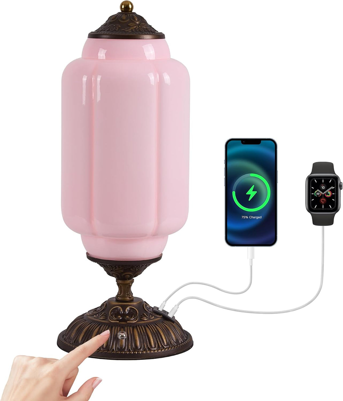 Vintage Pink Milk Glass Touch Table Lamp ,USB C+A Charging Ports (Bulb×1)