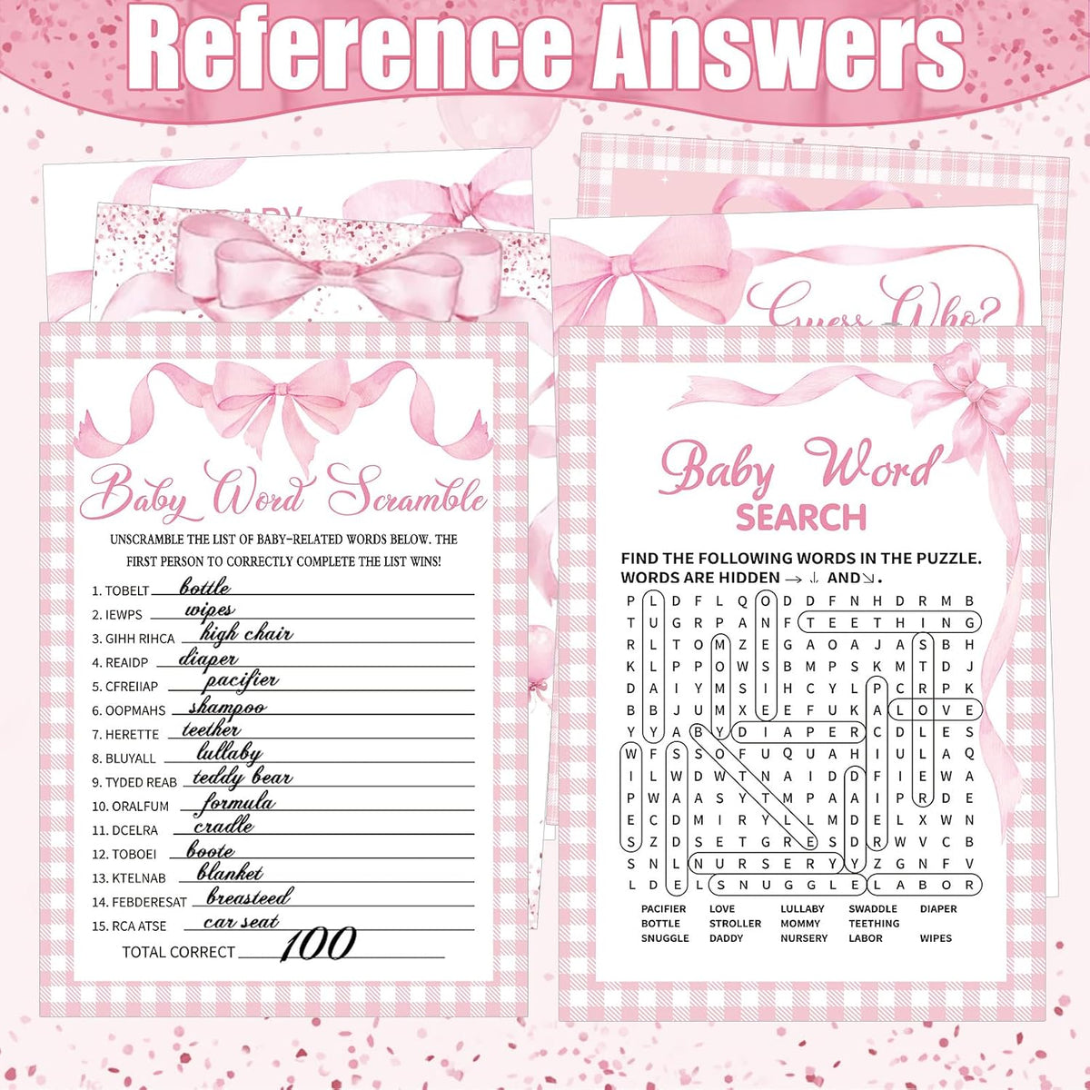 476 Pcs Pink Bow Baby Shower Games Bundle 6 Sets, Activity Cards Tape
