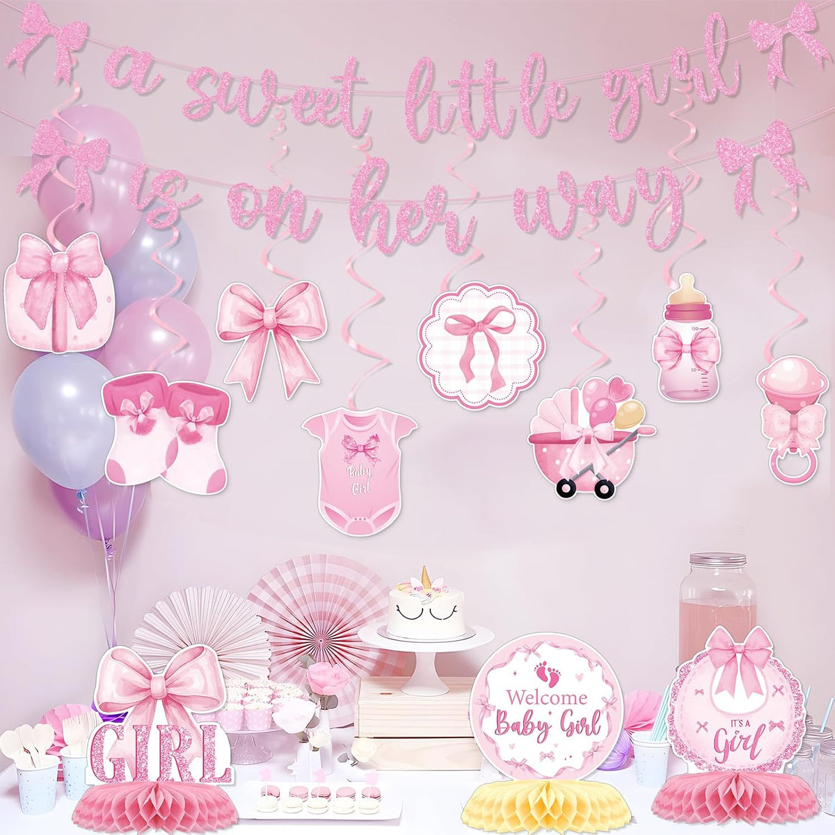 Pink Bow Baby Shower Decorations - 13Pcs a Sweet Little Girl is on Her Way Banners with Hanging Swirls Decoration Coquette Honeycomb Centerpiece Decor Supplies