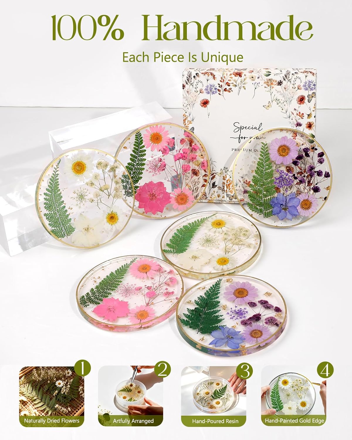 Resin Drink Coaster for Desk Coffee Table-Pink Cute Dried Flowers Cup Coaster for Work Office Home Outdoor Decor Gifts for Girls Women,1 Pcs