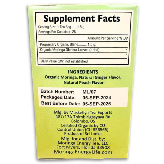 Moringa Peach Ginger Tea 28 tea bags (Keto, Detox, Paleo, Vitamin & Minerals, Vegan, Gluten-Free, Non-GMO, Herbal, Caffeine-Free)