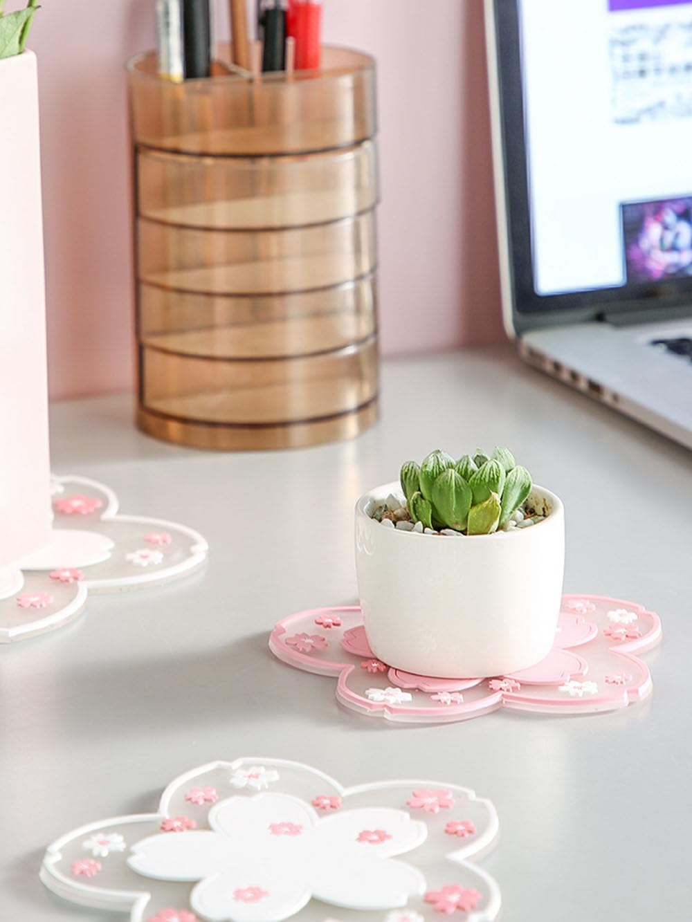 4.53inch Cherry Blossom Coasters, 3 Pink & 3 White, Pack of 6