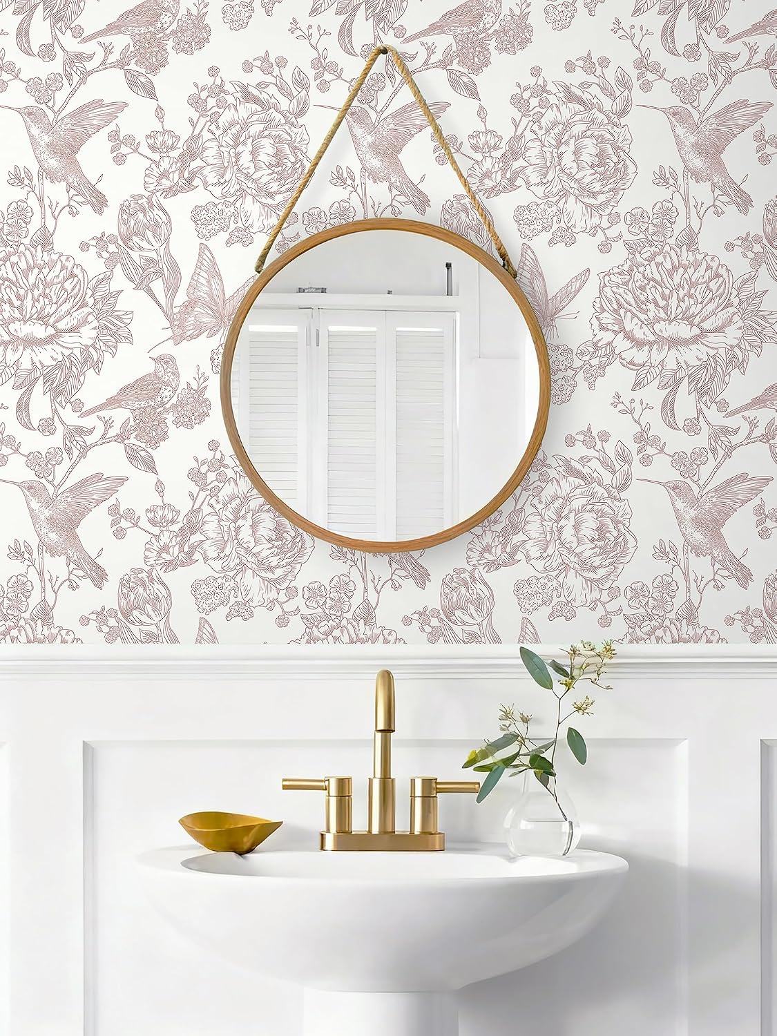 Pink Peel and Stick Wallpaper Floral Birds Butterfly Contact Paper 17.3"x78.7" Vintage Wall Paper Self Adhesive Removable Wallpaper for Bedroom Bathroom Laundry Room Farmhouse Vinyl Rolls