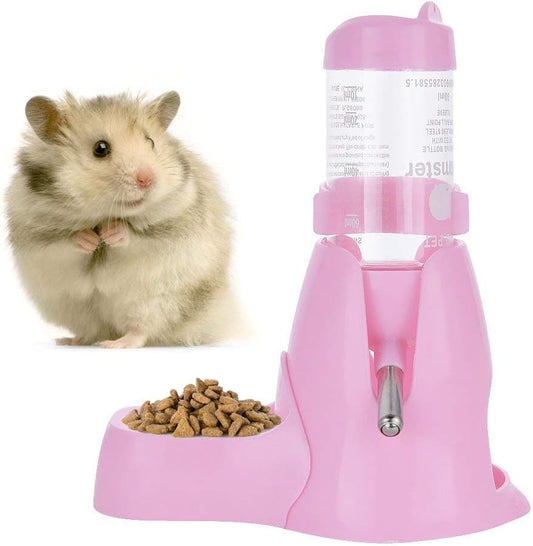 Guardians Hamster Water Bottle, Little Pet Automatic Drinking Bottle with Food Container Base Hut Hanging Water Feeding Bottles Auto Dispenser for Small Animals(80ml,Pink)