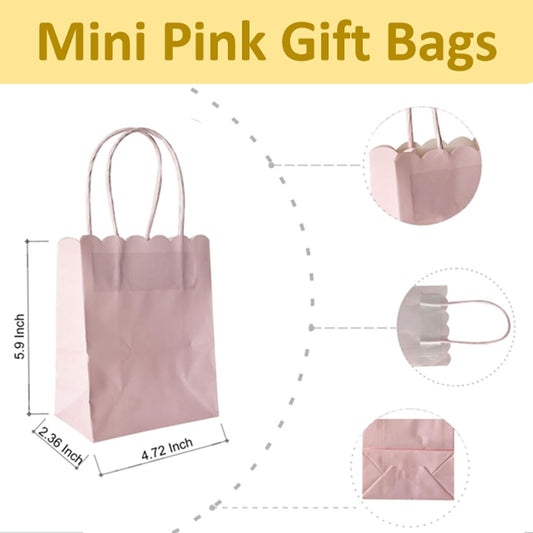 Mini Pink Goodie Bags With Handles 30Pcs Cute Scalloped Gift Bags | 4.7x5.9x2.3 Inches,120GSM Thick Paper, Recycled Bags For Party Favor,Candy,Treat,Birthday, Wedding,Christmas,Easter, Holiday