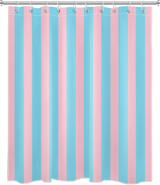 Pink and Blue Striped Shower Curtain with 10 Hooks Cute Pastel Stripe Simple Girly Bathroom Curtains,Minimalist Washable Waterproof Fabric Bath Curtain Decor,60x72 Inch