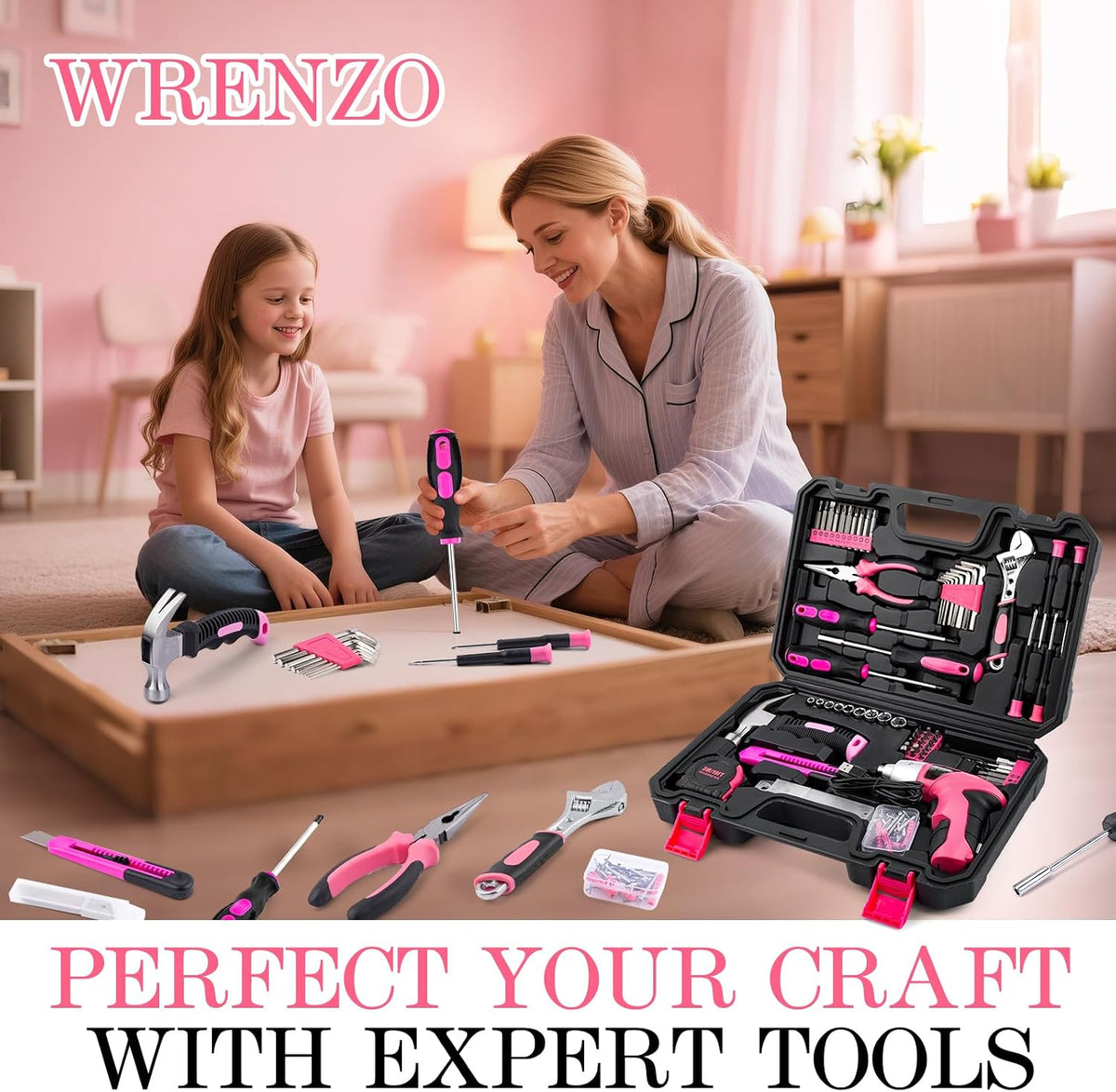 151PCS Pink Drill Set, 3.6V USB Cordless Drill & Home Tool Kit