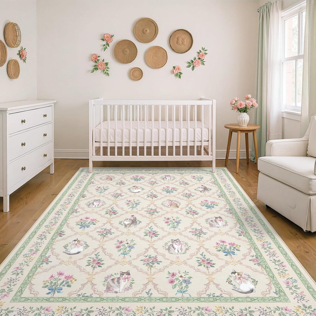 Cat Rug 5x7, Washable Floral Area Rug for Girls Bedroom, Cute Cat Rug for Nursery, Playroom, Dorm Room, Soft Non Slip Low Pile Carpet Cream Sage Green