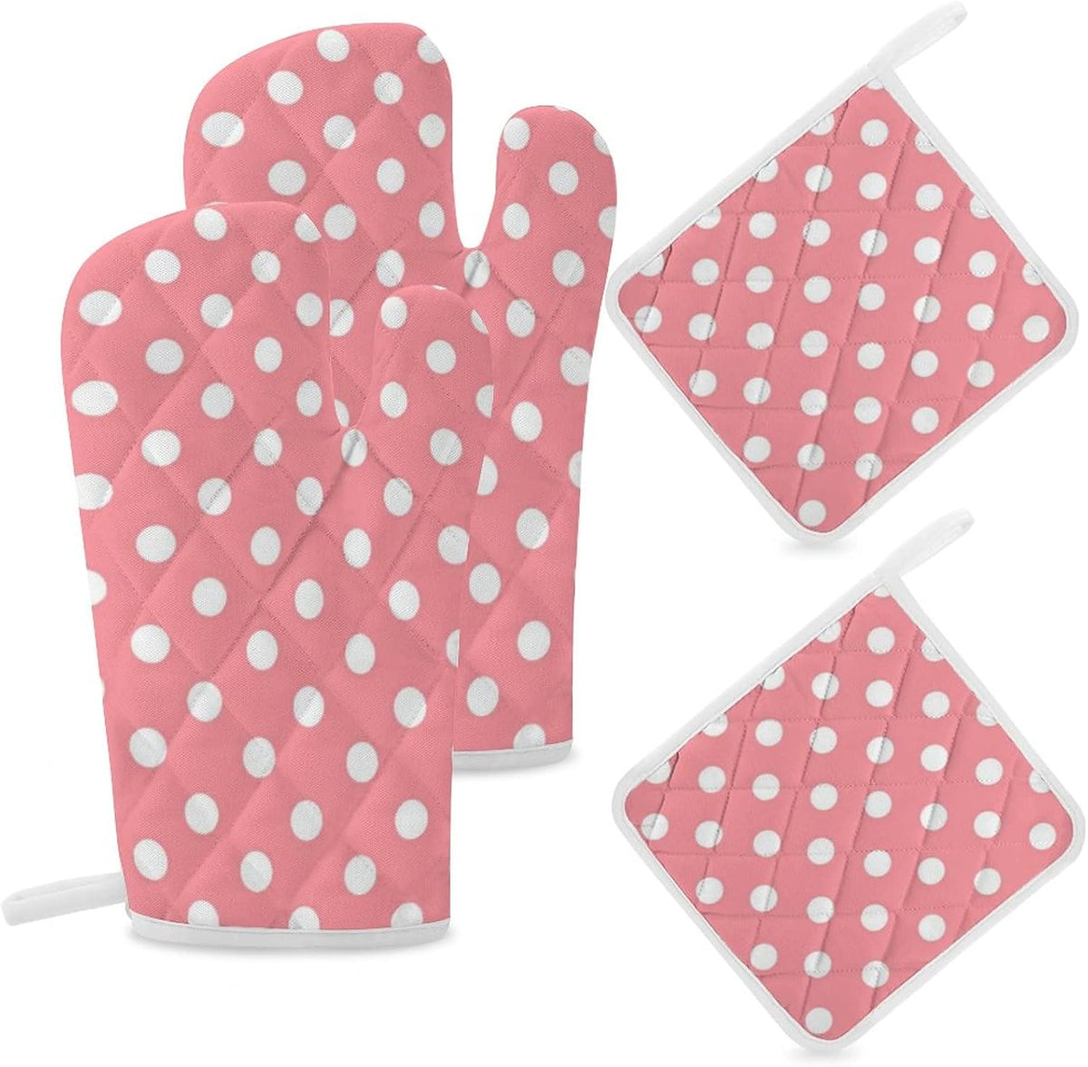 4PCS Oven Mitts Glove Kitchen Heat Resistant Pot Holders Set Pink with White Polka Dots Pattern Kitchen Microwave Oven Gloves Mitts Anti-Scald Baking Cooking Gloves
