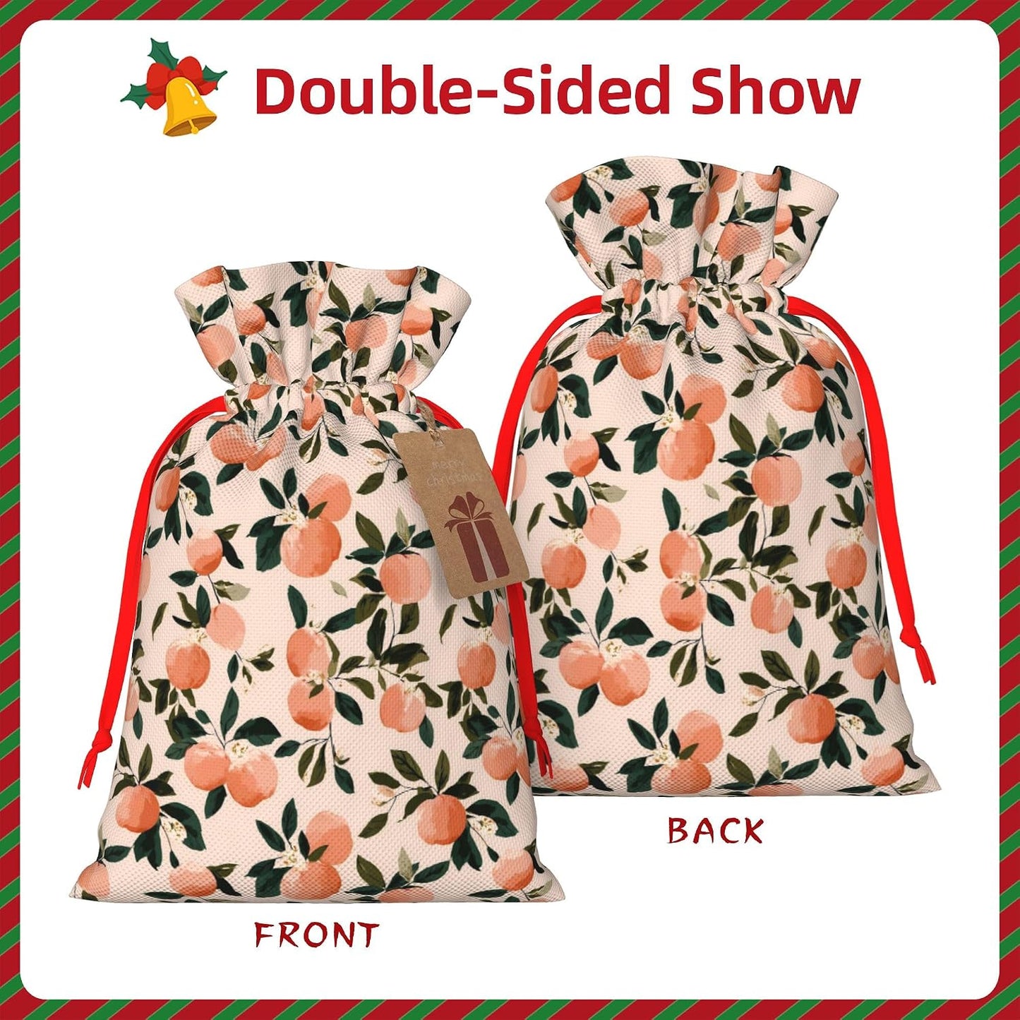 Qewfoju Fruits Peach 2 Pattern Holiday Gift Bags Christmas Burlap Gift Bags Drawstring for Wedding Party Favors Xmas Gifts Couple Shower Small