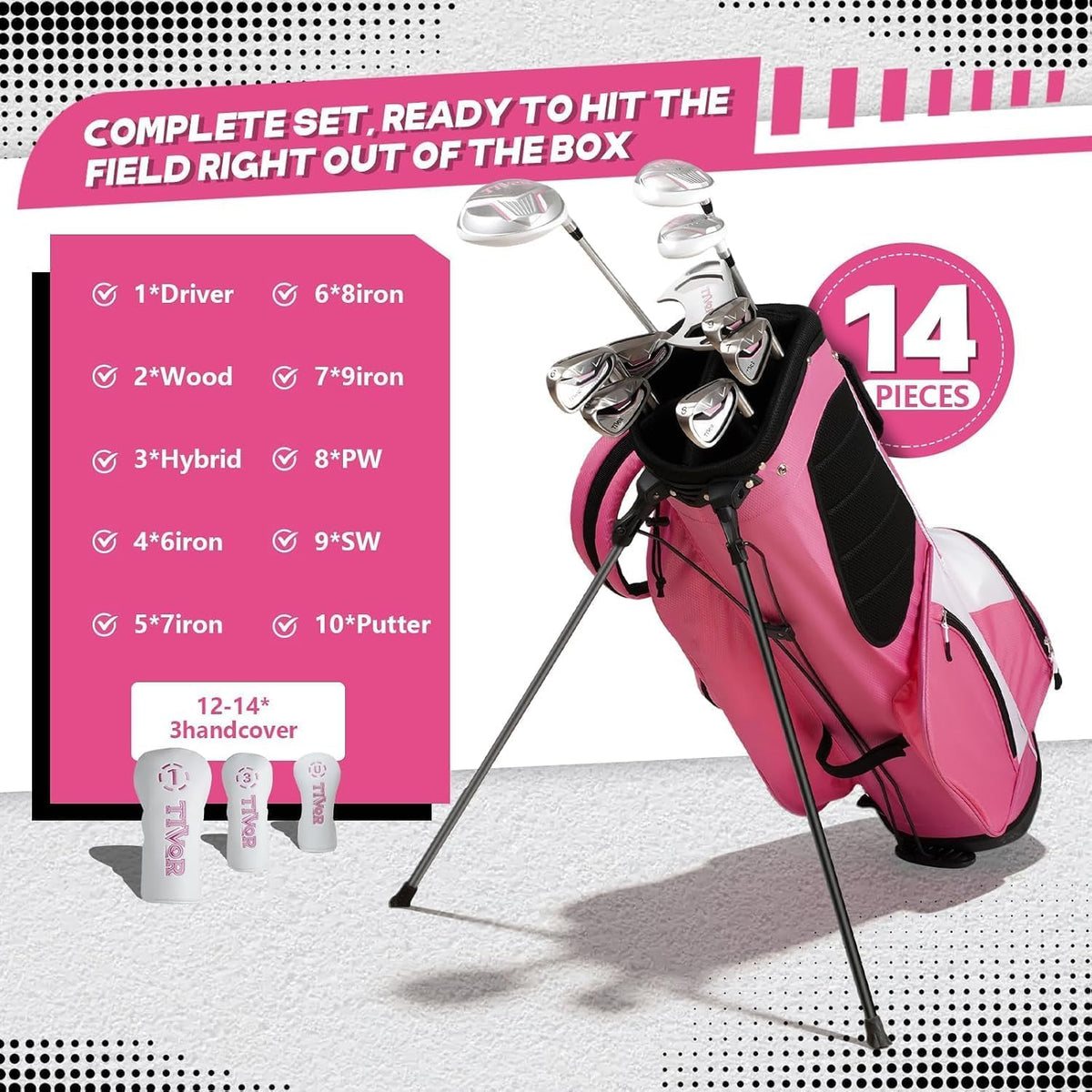 Golf Clubs Set Complete 14-Piece with Driver Fairway Hybrid Irons Putter Stand Bag & 3 Headcovers for Men Women Right Left Handed - Beginner Golf Sets Pink Black
