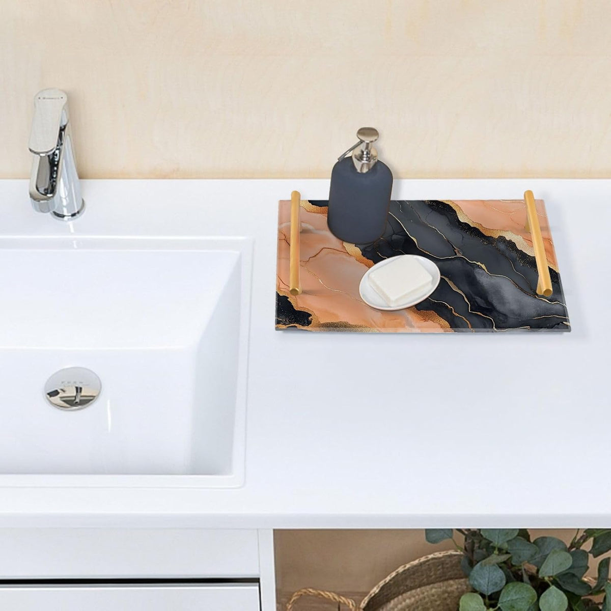 Marble Black Peach Decorative Tray with Handles with Handles Plastic Food Tray for Jewelry Perfume for Food Carrying bandeja Blanca para servir