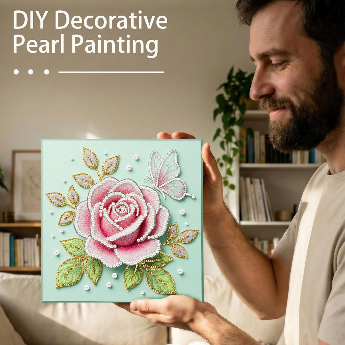 BAYUNOE DIY Pearl Painting Kit for Adults Pearl Gemstone Diamond Dots Beads Craft Kits with Frame 9.84x9.84in Display Wood Wall Tabletop Hanging Standing Ornaments Home Decor-Pink Rose