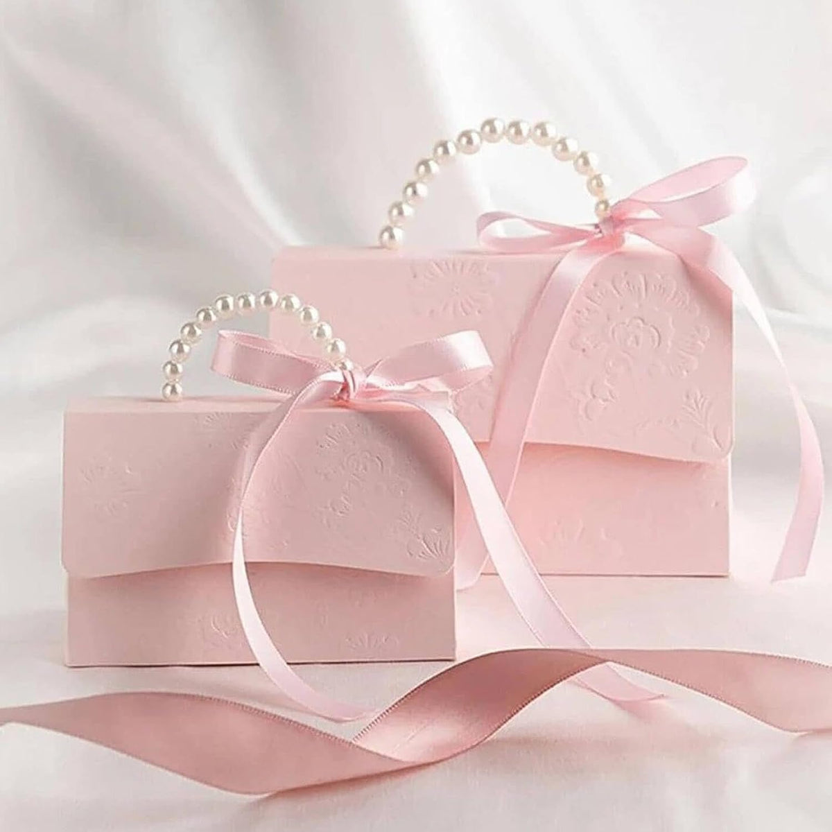 10Pcs Pink Pearl Paper Gift Boxes for Wedding Favors, Elegant Bridesmaid and Party Favor Boxes with Ribbon, Ideal for Bridal Shower, Baby Shower, and Special Occasions (Pink, L)
