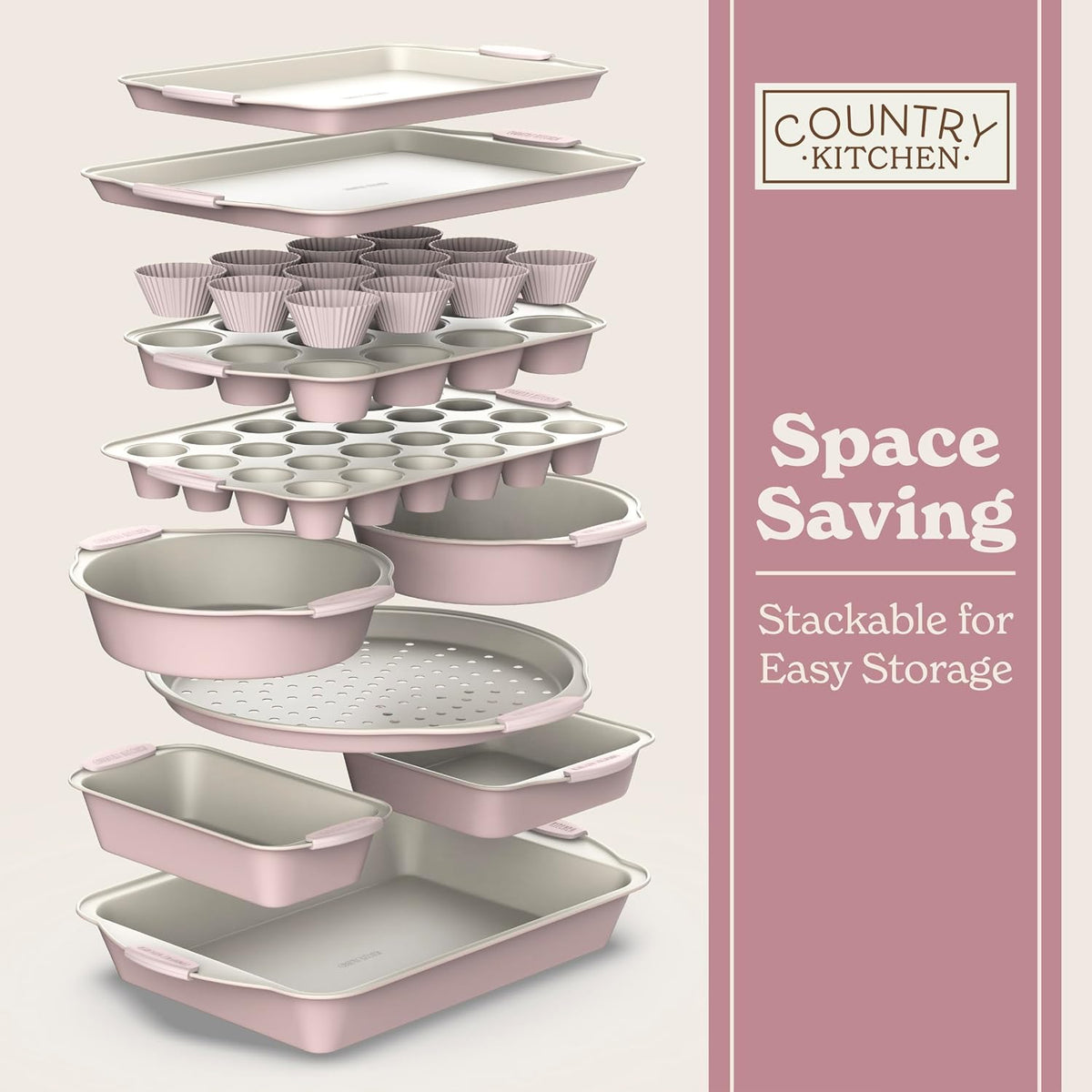 Nonstick Stackable Bakeware Set - Durable, Easy Release Baking Set- 22 Pc. Includes Silicone Muffin Cups
