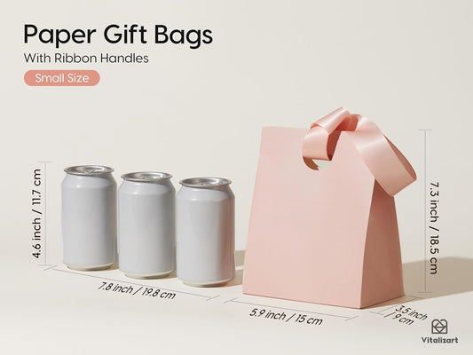Paper Gift Bags With Ribbon Handles Set of 10 Pink Bulk Reusable For Gift Wrap Girls Kids Birthday Bridal Shower Party Favors Goodie Bags Candy Christmas 5.91"x3.54"x7.28" Small Size