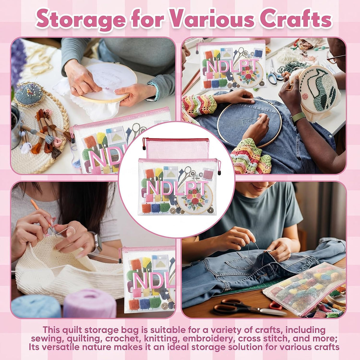 4 Pcs Needlepoint Project Bag Clear Mesh Zipper Organizer, Pink