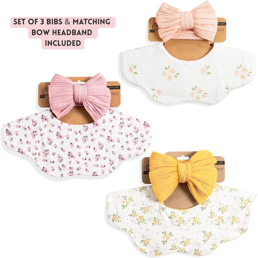 Baby Cotton Muslin Bibs and Bow Headbands Set