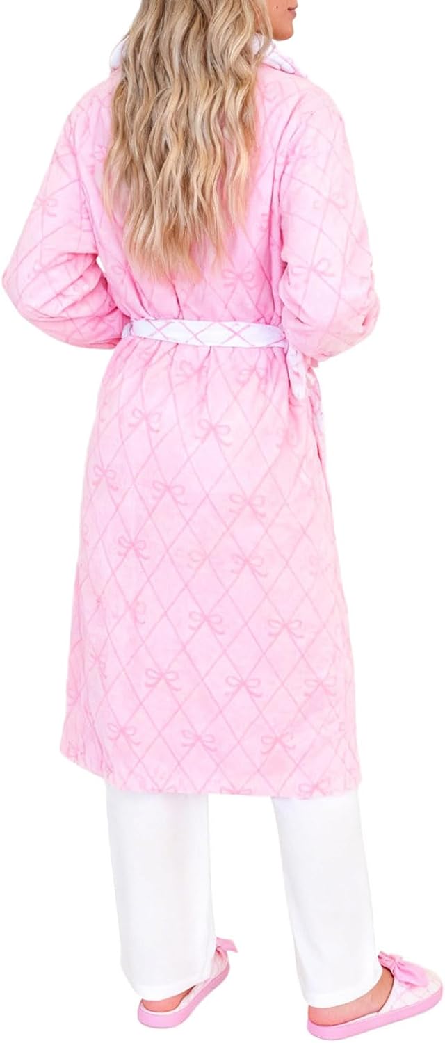 Cute Plush Robes for Women Bow Striped Fluffy Bathrobe Soft Warm Long Robes House Coat Holiday Loungwear