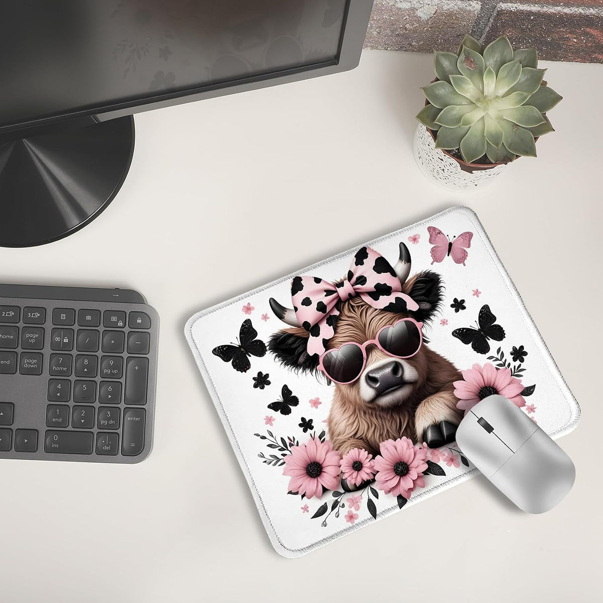 Highland Cow Mouse Pad, Coquette Pink Bow Floral Cow Mouse Pads for Wireless Mouse Computers Laptop Desk Accessories, 9.5x7.9 Inch