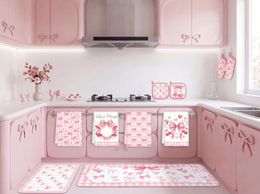 10Pcs Pink Bow Kitchen Decor Set Coquette Towels Pot Holders Oven Mitts Mats for Home Baking Gifts