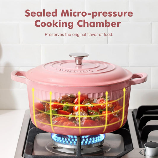 Enameled Cast Iron Dutch Oven Pot with Lid 3.5/5.5/6.5 Quart Heavy-Duty Round Dual Handles Kitchen Pot with Cotton Potholders & Silicone Trivet, Pot for Bread Baking, Stews, Braising, Roasting, Oven Safe, 3.5 Quart, Pink