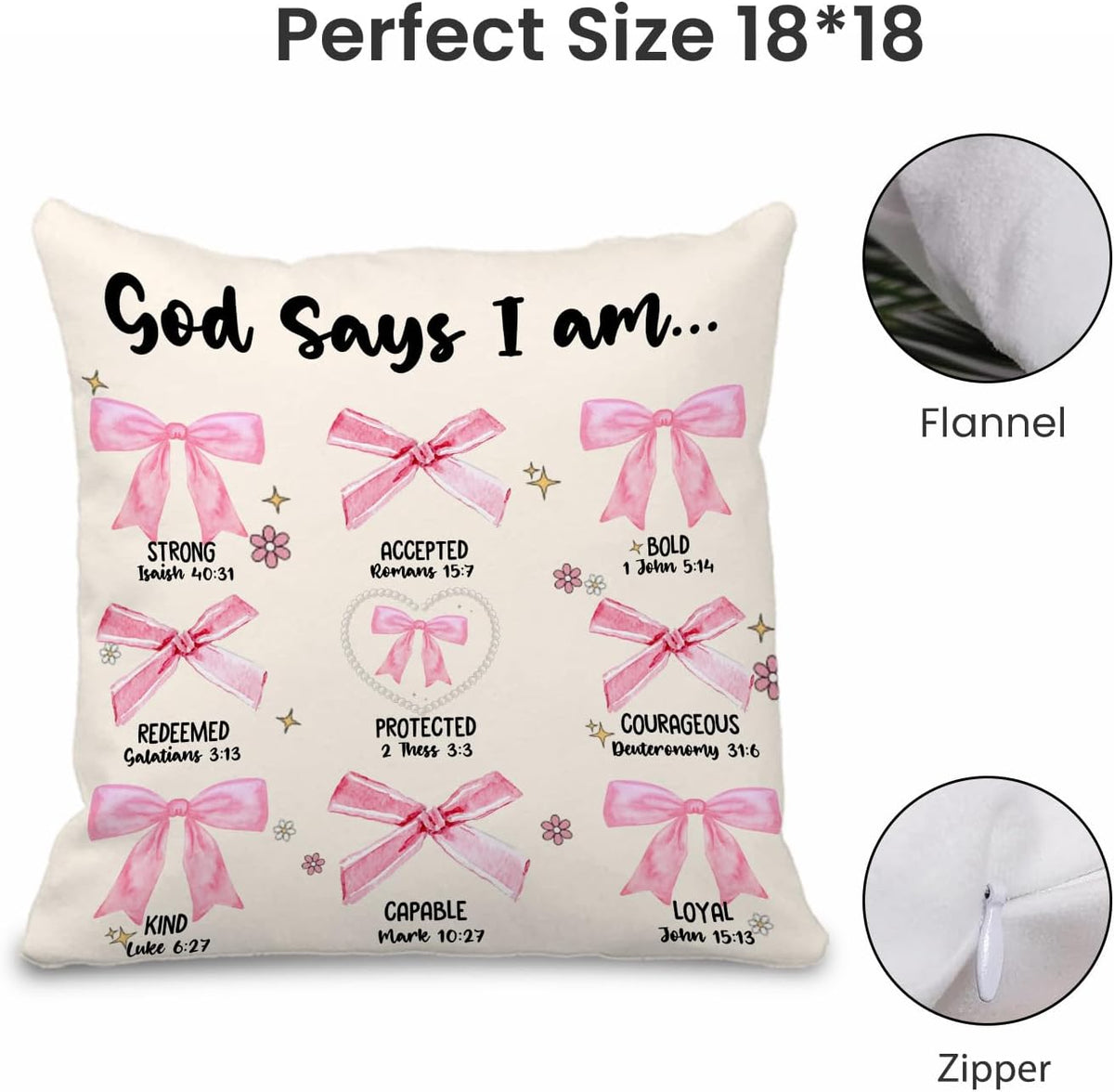 God Says I Am Bible Pillow Covers 18x18 - Pink Coquette Bow Bible Verse Throw Pillow Covers, Coquette Room Decor, Inspirational Coquette Christian Gifts for Women