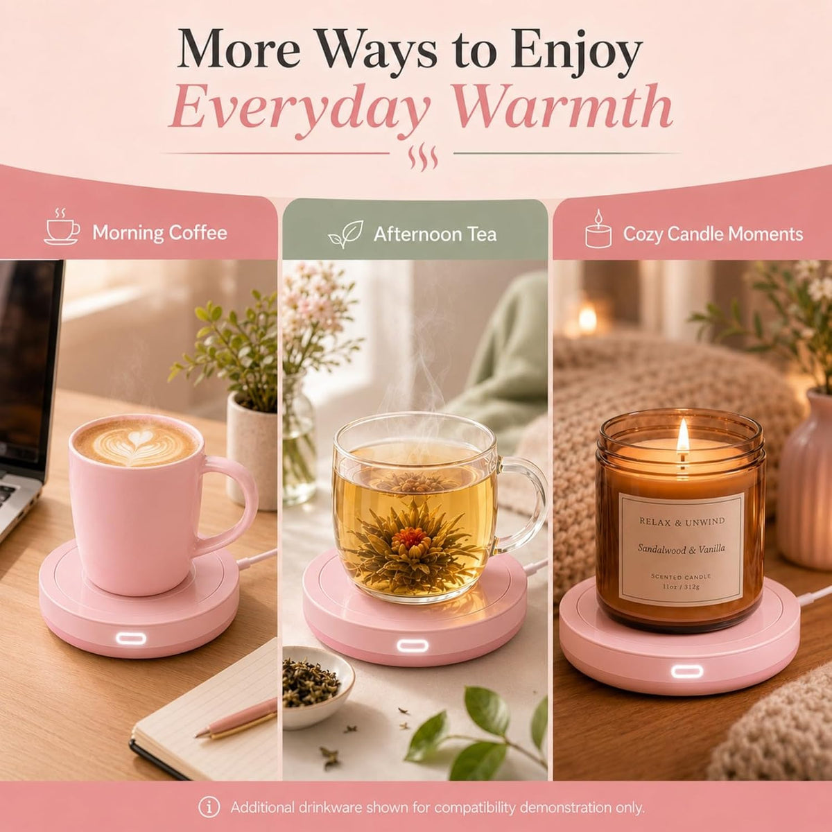 Smart Coffee Set Auto On/Off Gravity-induction Mug Office Desk Use, Candle Wax Cup Warmer Heating Plate (Up To 131F/55C), 14oz (Pink Set)
