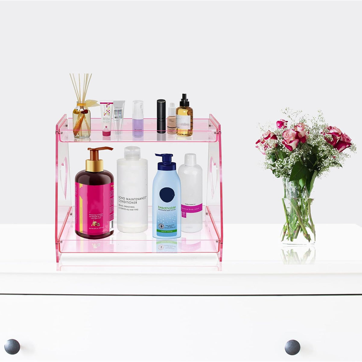 2 Tier Pink Heart Bathroom Countertop Organizer Display Shelf