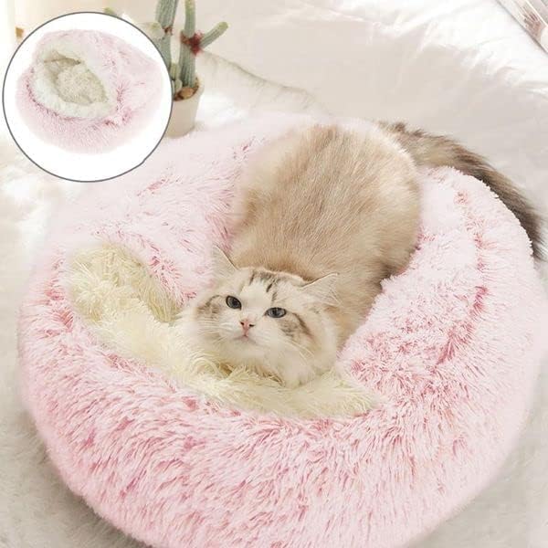 Round Fluffy Hooded Cat Bed Cave, Anti-Anxiety Cave Bed with Blanket