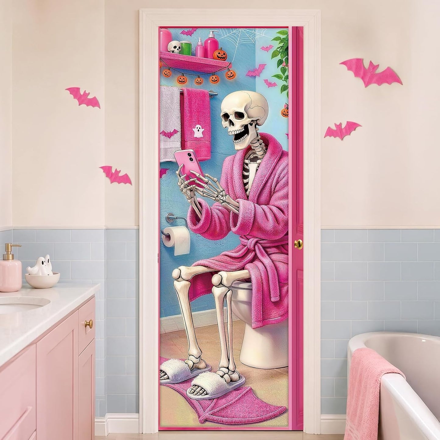 Pink Halloween Door Cover: Funny Skeleton on Toilet Door Banner, Modern Aesthetic Halloween Bathroom Decor, Spooky Cute Skeleton Washroom Door Sticker for Restroom Home Indoor