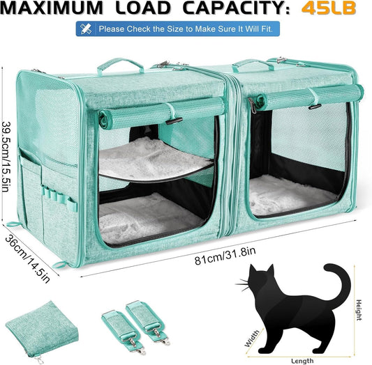 Large Cat Carrier for 2 Cats with Zipper Locks, Double Cat Carrier with Travel Litter Box, Soft Pet Travel Carrier for Cats and Small Dogs Up to 45 Lbs, Green