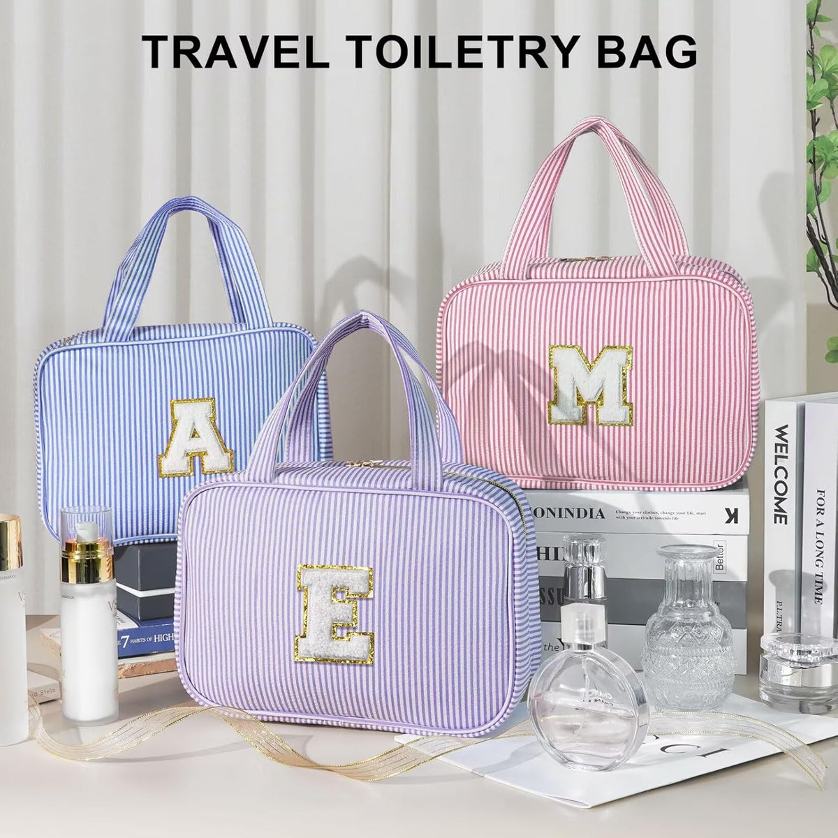 Travel Hanging Toiletry Bag, Personalized Initial Toiletry Pouch, Birthday Gifts for Women Mom Daughter Sister Friends, Cruise Essentials, Pink K
