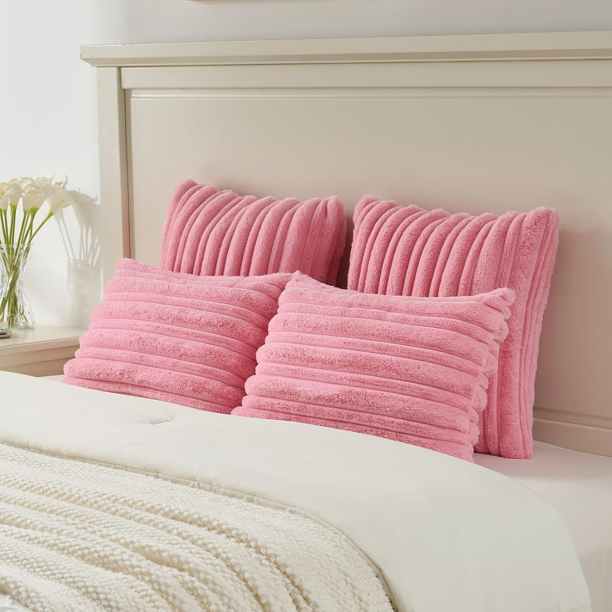 Pack of 2 Faux Rabbit Fur Throw Pillow Covers 18x18 Inch,Bright Pink