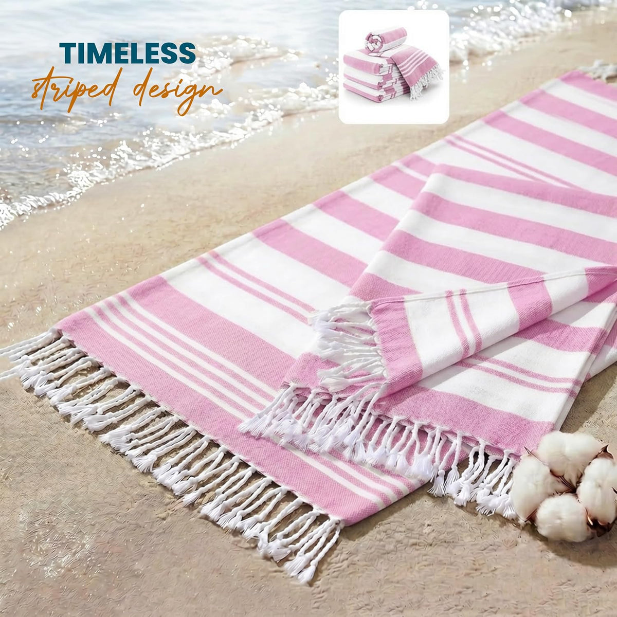 4 Pack Turkish Beach Towels, 40x72 in, 100% Cotton, Soft, Pink