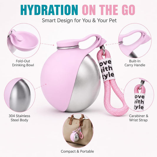 Portable Dog Water bottle-2-in-1 Portable Dog Water Bottle for Small Dogs Leak-Proof Stainless Steel Design, Ideal for Hiking, Compact Pet Drinking Bowl (Pink)