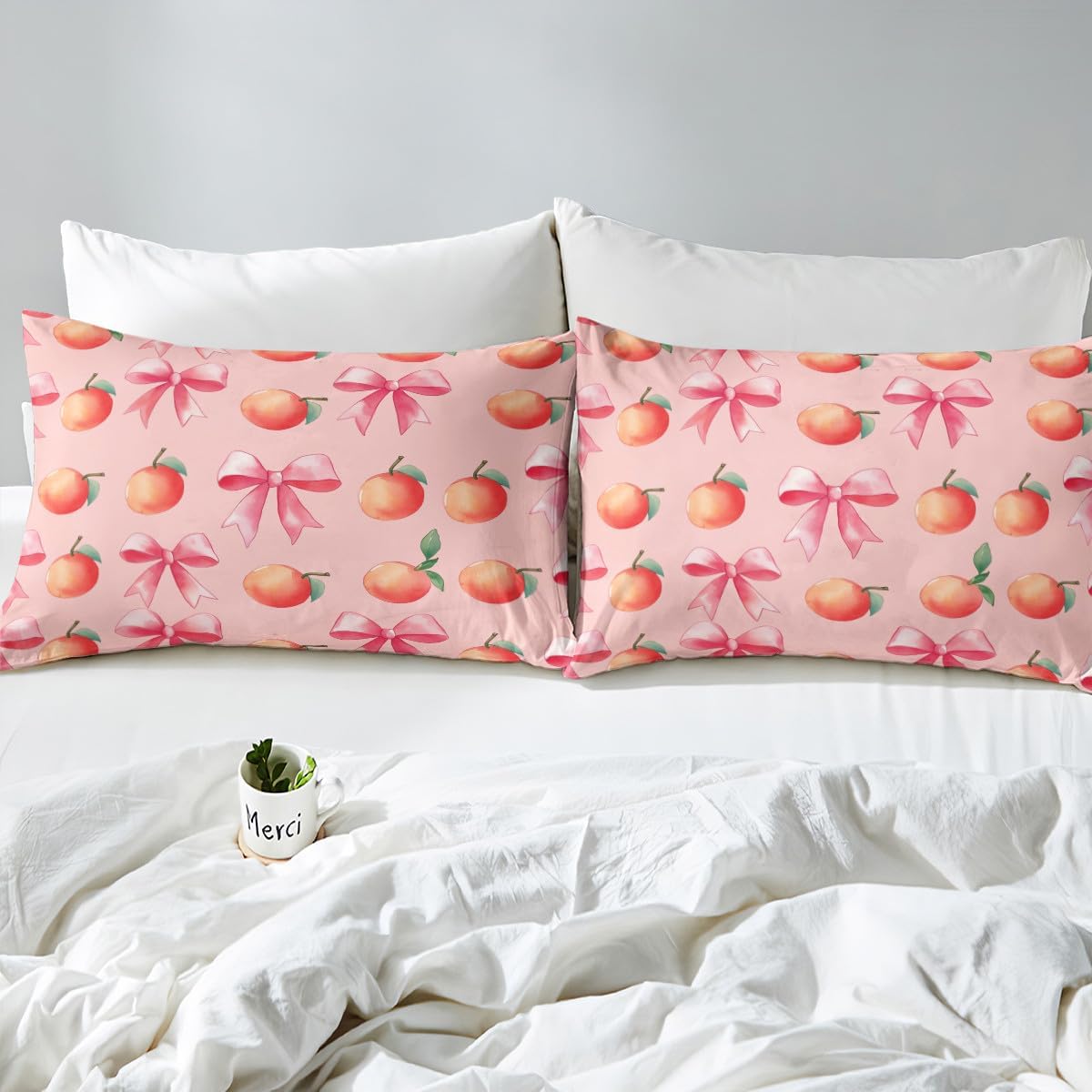 Pink Bow Kids Bed Sheets Set,Boys Girls King Size,Large Peach Fitted Sheet,Cute Coquette Bow Knot Luxury Microfiber Bedding Set,Sweet Peach Bedding Collection Fruit Gift,Pink Orange