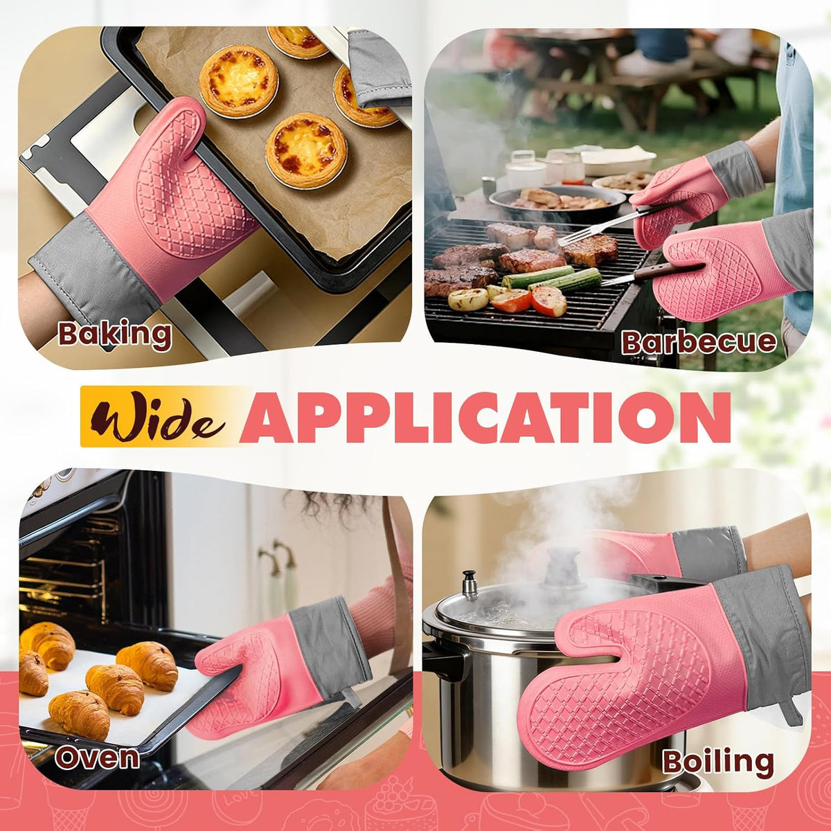 Silicone Oven Mitts (2 PCS), Waterproof Non Slip Grip Oven Gloves with Thick Soft Cotton Lining, Universal Fit Heat Resistant Kitchen Gloves for Baking, BBQ, Cooking and Grilling-Pink