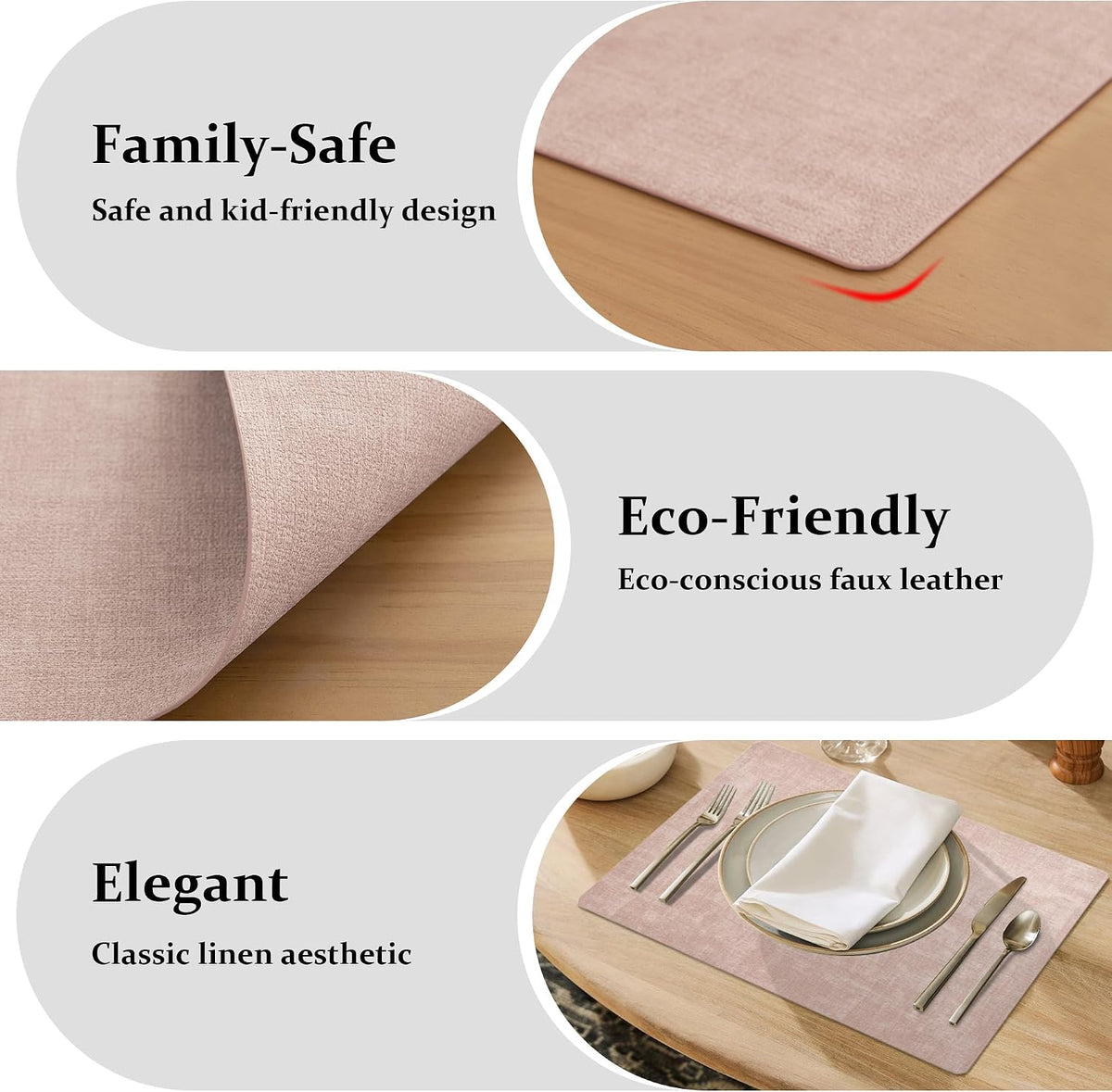 Faux Leather PU Placemats Set of 6 (Pink,11.8" x 17")