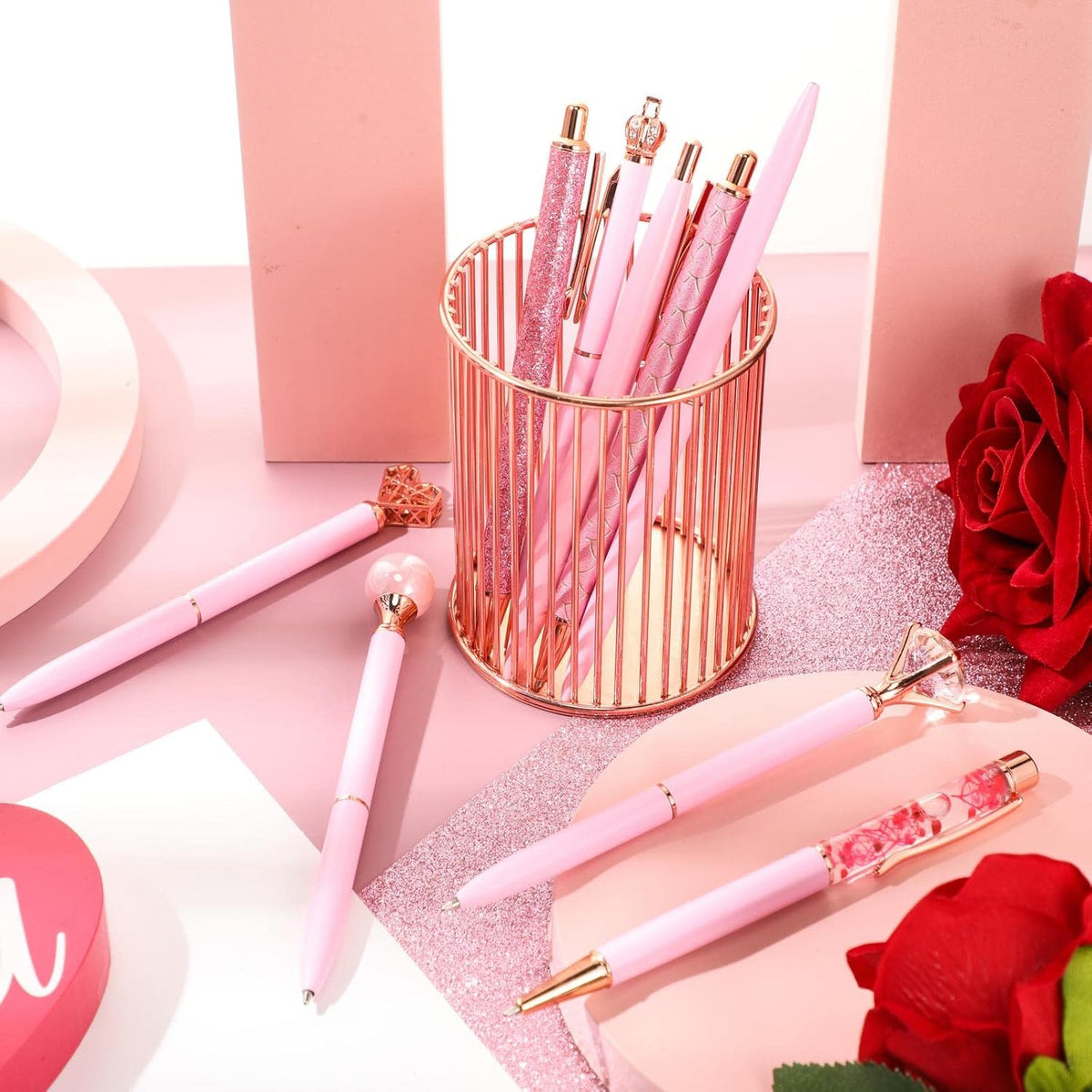 Janmini 9pcs Fancy Ballpoint Pens Glitter Journaling, Pink